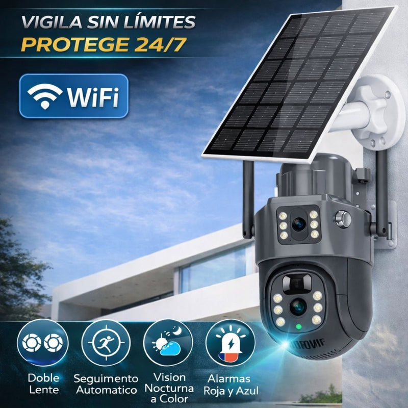 Cámara de Seguridad Solar Exterior WiFi con Panel Solar Y Doble Lente 360°, Detección PIR y Visión Nocturna HD. Camara de Videovigilancia PTZ  y SD 32G. Color Gris.