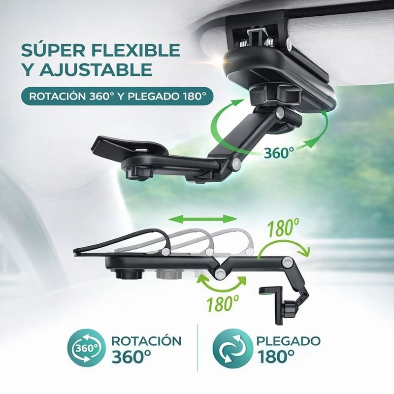 Soporte para Celular de Auto en Parasol Ajustable 360°. Brazo Articulado Plegable Compatible con Smartphones. Color Gris