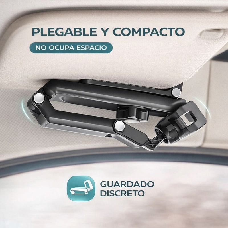 Soporte para Celular de Auto en Parasol Ajustable 360°. Brazo Articulado Plegable Compatible con Smartphones. Color Gris