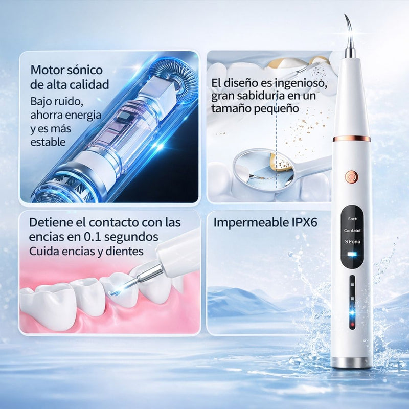 Limpiador Dental Ultrasónico Eléctrico Recargable con Pantalla LED. Removedor Bucal de Sarro y Placa Con 5 Modos de Limpieza, Impermeable IPX6 (Incluye 6 Cabezales)