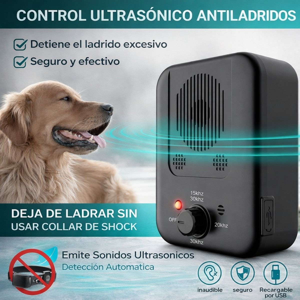 Dispositivo Antiladridos Ultrasónico para Perros Recargable. Control Automático de Ladridos sin Collar Seguro para Mascotas De Uso Interior y Exterior IPX4