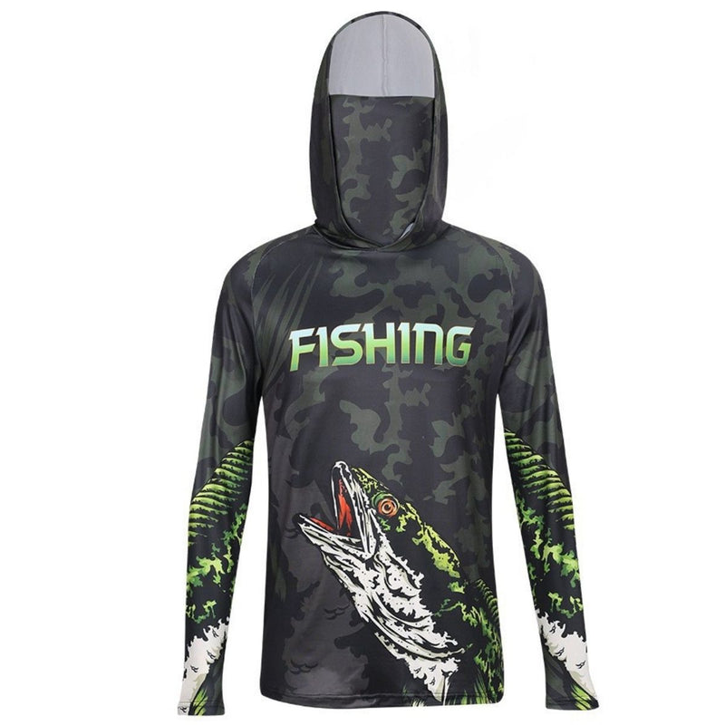Suéter de Pesca con mangas largas, Capucha y Máscara. Para Hombres Con Protección Solar UV. Secado Rápido para Outdoor, Playa y Senderismo (Talla M).
