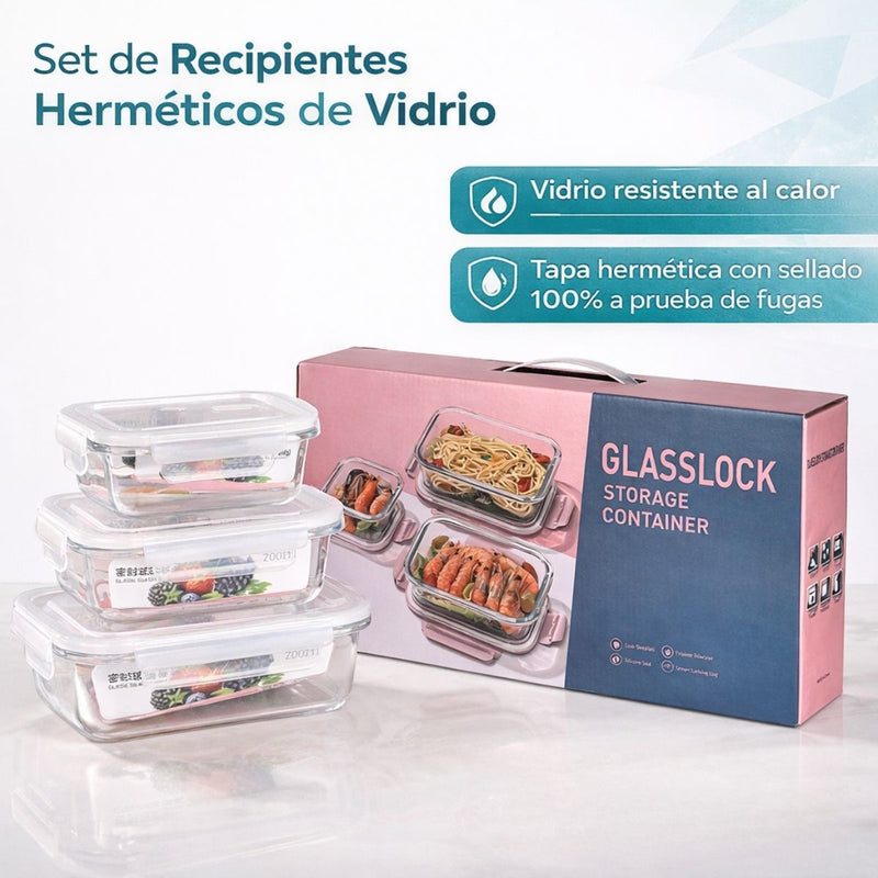 Recipientes de Vidrio Herméticos. Contenedores Rectangulares de Vidrio Resistentes al Calor. Set de 3 Piezas (410, 710 y 1040 ml) Vasijas