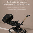 Coche de Bebé Plegable con Asiento Reversible y Reclinable, Techo UV Y Bandeja De Comer Ruedas Antigolpes y Diseño Ligero. Color Negro Y Dorado.