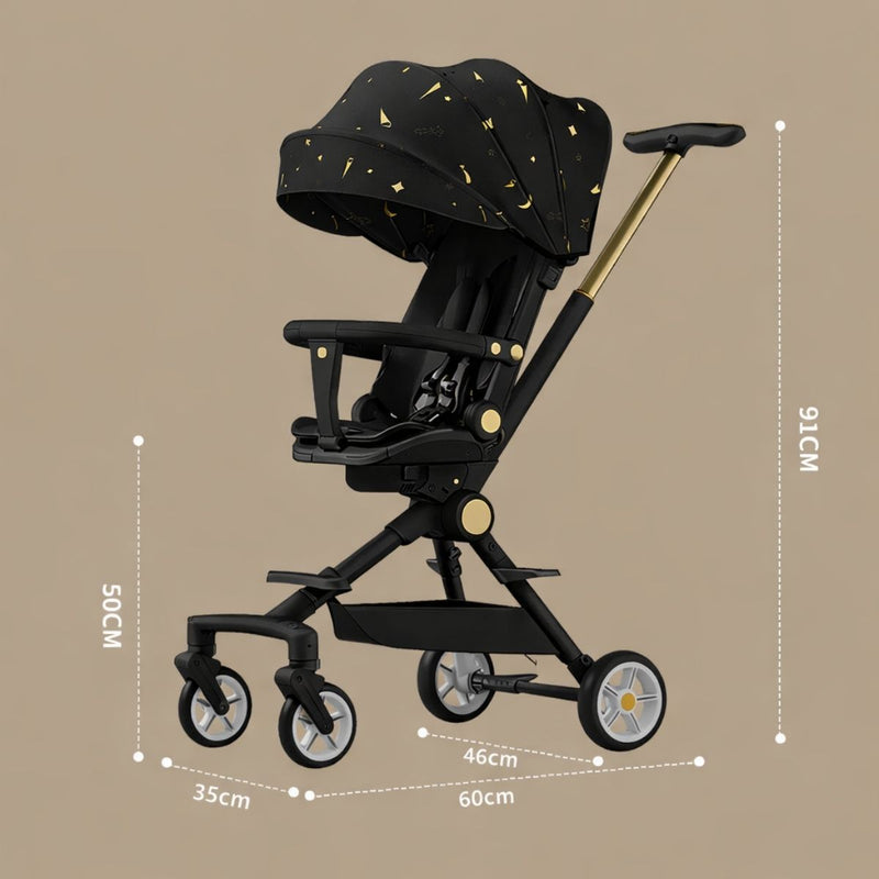 Coche de Bebé Plegable con Asiento Reversible y Reclinable, Techo UV Y Bandeja De Comer Ruedas Antigolpes y Diseño Ligero. Color Negro Y Dorado.