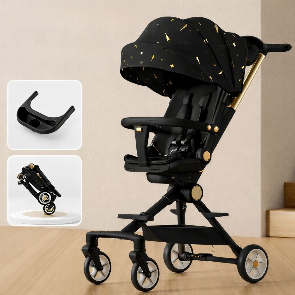 Coche de Bebé Plegable con Asiento Reversible y Reclinable, Techo UV Y Bandeja De Comer Ruedas Antigolpes y Diseño Ligero. Color Negro Y Dorado.
