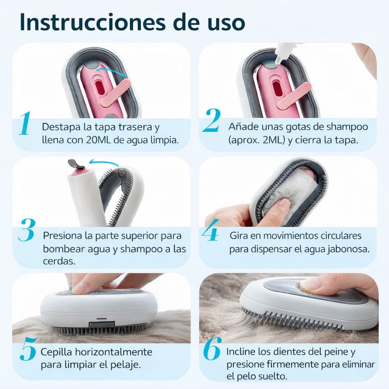 Cepillo para Mascotas con Depósito de Agua Integrado, Removedor de Pelo y Masajeador 3 en 1. Cepillo de Limpieza para Perros y Gatos de Silicona Suave.