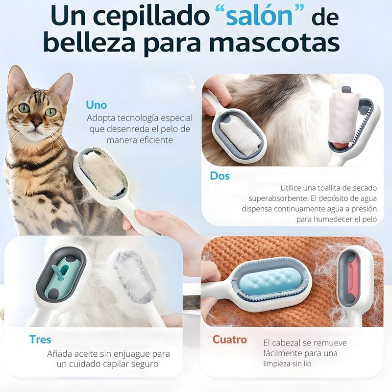 Cepillo para Mascotas con Depósito de Agua Integrado, Removedor de Pelo y Masajeador 3 en 1. Cepillo de Limpieza para Perros y Gatos de Silicona Suave.