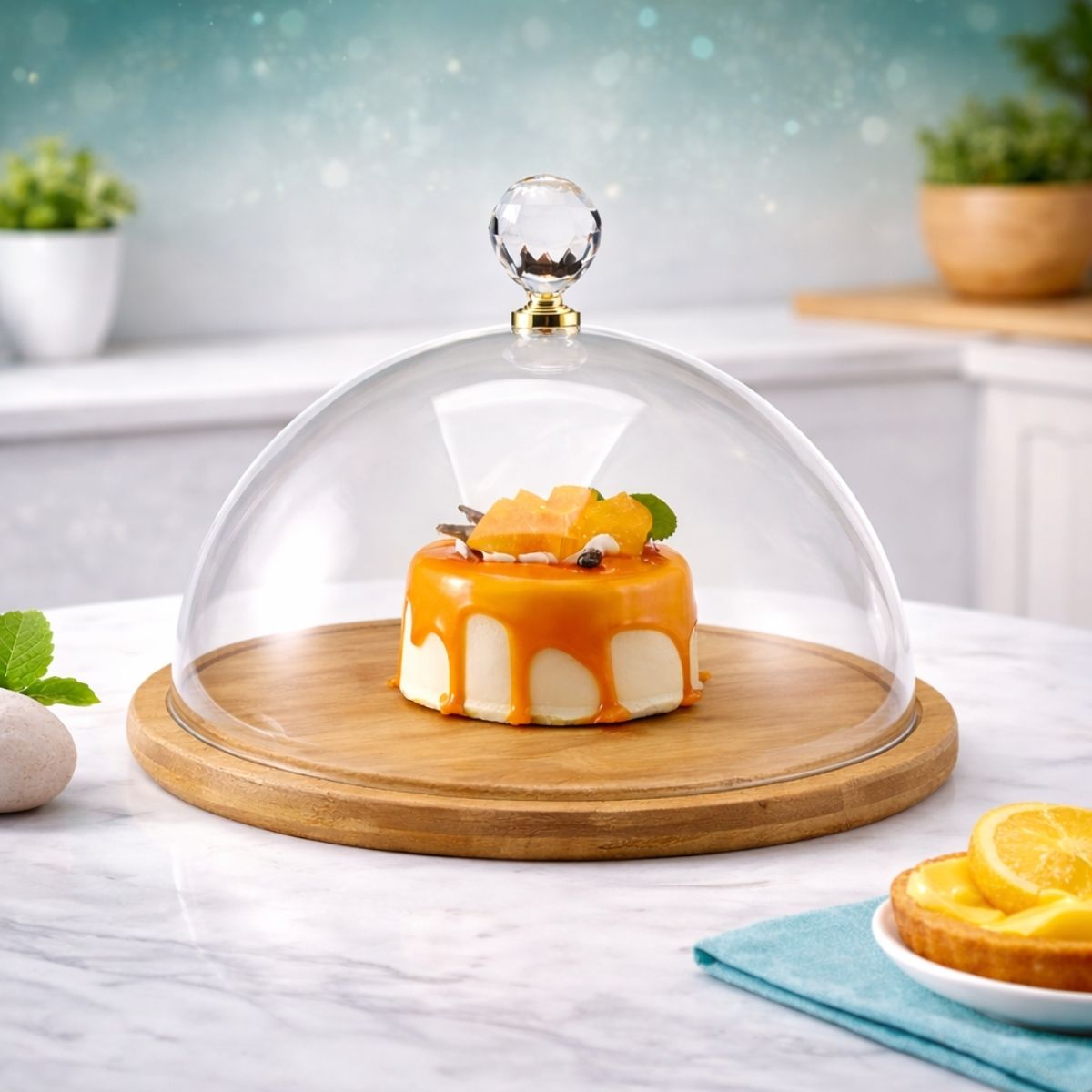 Plato Redondo de Bambú con Tapa Transparente Ideal para dulces Postres, Pan y Snacks, Uso Doméstico y Comercial. Bandeja De Madera. Panera. 14.5” (37cm) YS-4012M