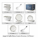Vajilla 16 Piezas para 4 Personas De Cerámica Blanca con Borde Plateado Estilo Europeo, Esmalte Liso, Apta para Café, Té y Restaurante