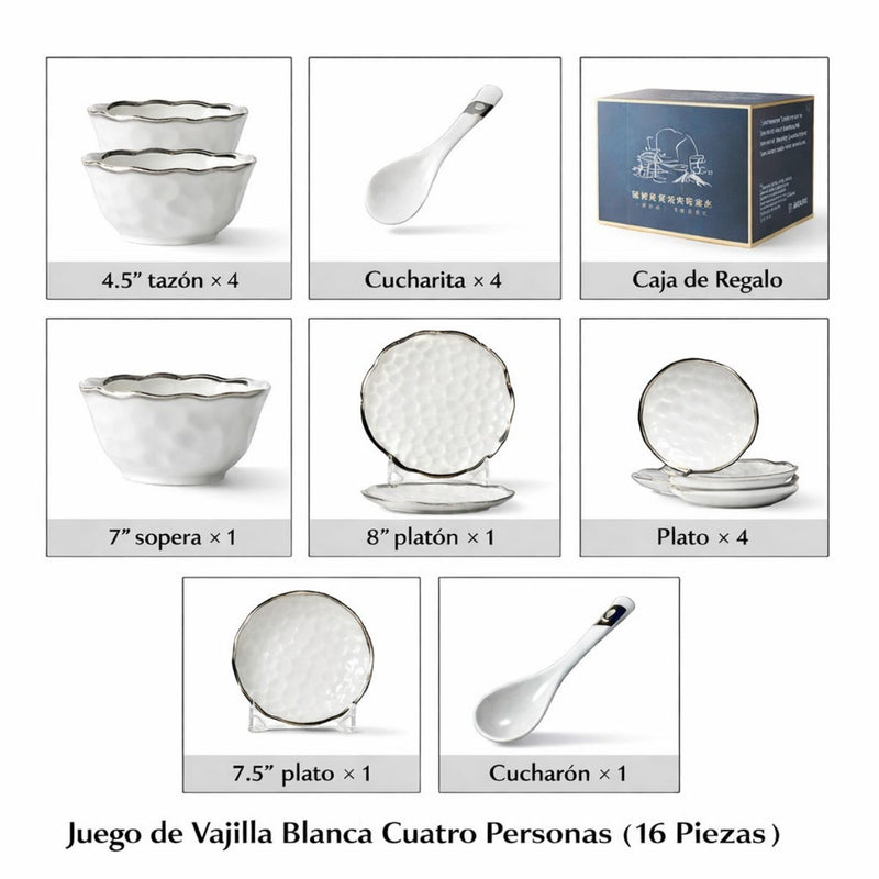 Vajilla 16 Piezas para 4 Personas De Cerámica Blanca con Borde Plateado Estilo Europeo, Esmalte Liso, Apta para Café, Té y Restaurante