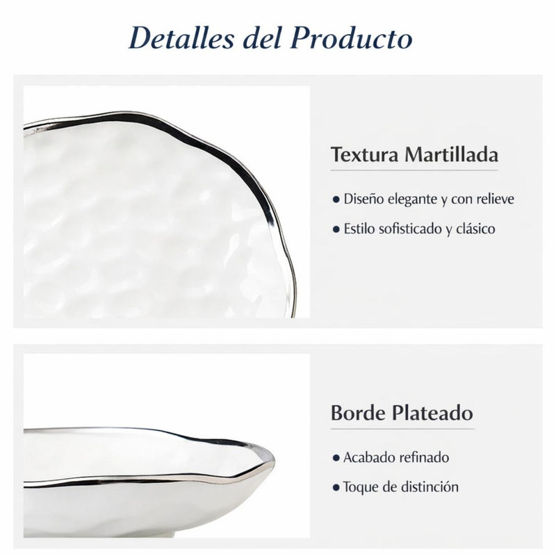 Vajilla 16 Piezas para 4 Personas De Cerámica Blanca con Borde Plateado Estilo Europeo, Esmalte Liso, Apta para Café, Té y Restaurante