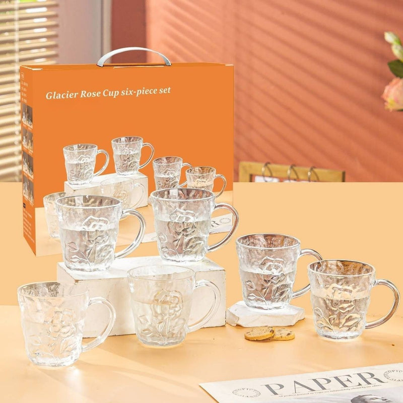 Tazas de Vidrio con Relieve Rosa y Asa. Vasos Elegantes para Café, Té, Capuccino y Regalo (Set de 6) Cap. 250 ml
