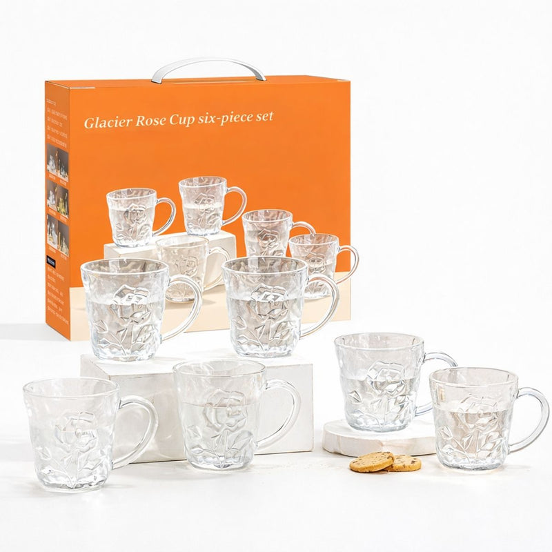 Tazas de Vidrio con Relieve Rosa y Asa. Vasos Elegantes para Café, Té, Capuccino y Regalo (Set de 6) Cap. 250 ml