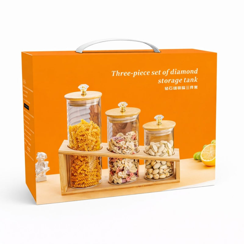 Frascos de Vidrio con Tapa de Bambú. Tarros Herméticos para Alimentos Secos, Pasta, Granos y Snacks con Base de Madera. Set de 3.