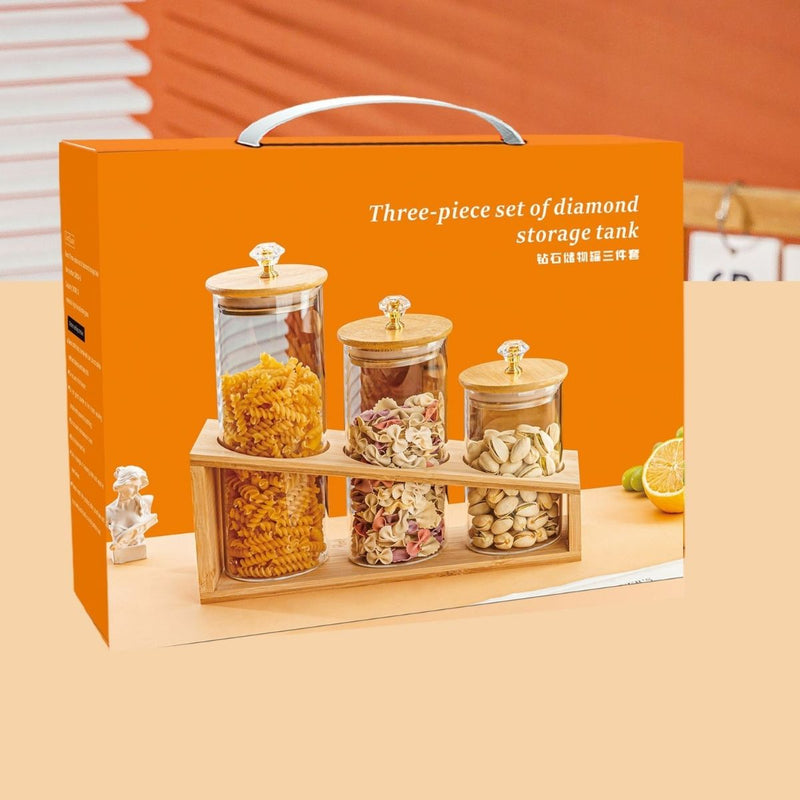Frascos de Vidrio con Tapa de Bambú. Tarros Herméticos para Alimentos Secos, Pasta, Granos y Snacks con Base de Madera. Set de 3.
