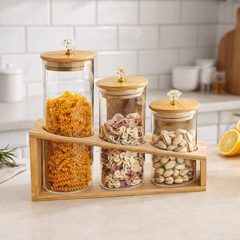 Frascos de Vidrio con Tapa de Bambú. Tarros Herméticos para Alimentos Secos, Pasta, Granos y Snacks con Base de Madera. Set de 3.