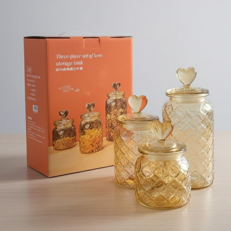 Recipientes de Vidrio Herméticos con Tapa Decorativa.  Envases para Cocina, Dulces, Café, Azúcar. Frascos De Almacenamiento. (Set de 3)
