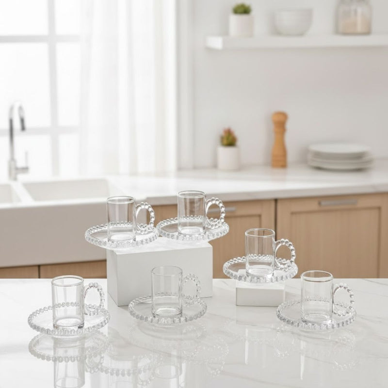 Tazas de Vidrio con Platillo y Asa Decorativa. Vaso De Vidrio Elegante para Café, Espresso y Té (Set de 12 Piezas) 200ml