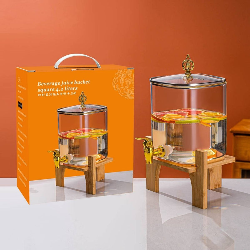 Dispensador de Bebidas de Vidrio con Grifo 4.2 Litros. Barril Cuadrado Transparente con Base de Madera Ideal para Jugos, Agua y Cócteles.