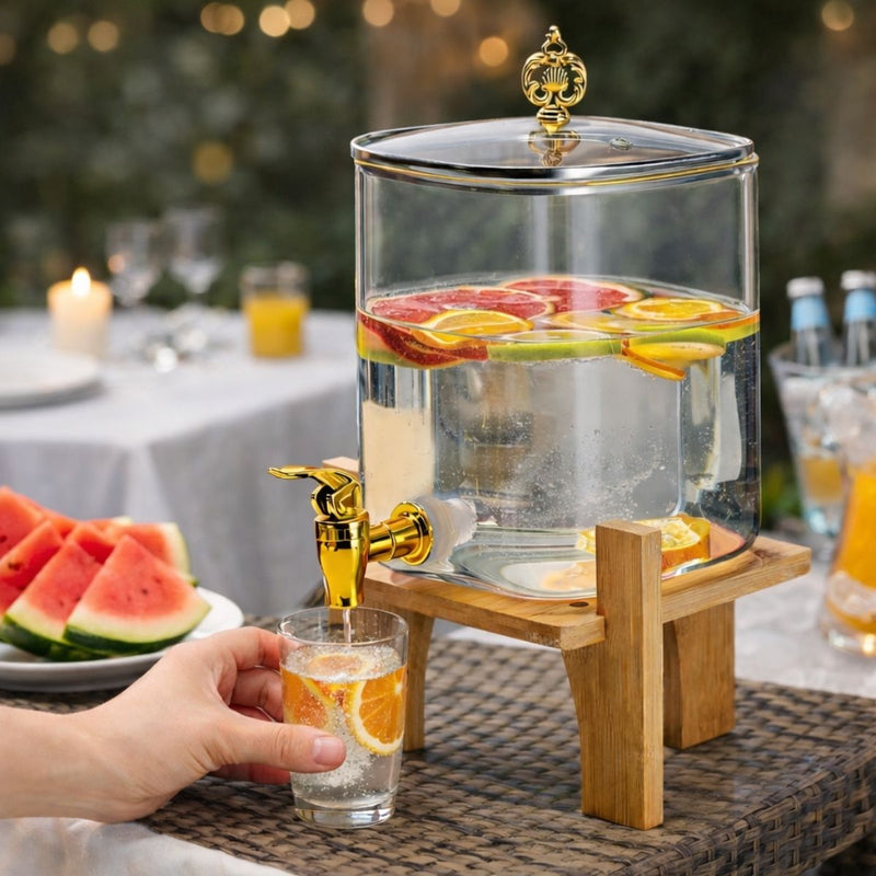 Dispensador de Bebidas de Vidrio con Grifo 4.2 Litros. Barril Cuadrado Transparente con Base de Madera Ideal para Jugos, Agua y Cócteles.