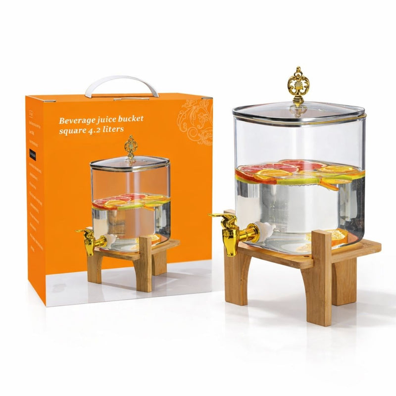Dispensador de Bebidas de Vidrio con Grifo 4.2 Litros. Barril Cuadrado Transparente con Base de Madera Ideal para Jugos, Agua y Cócteles.