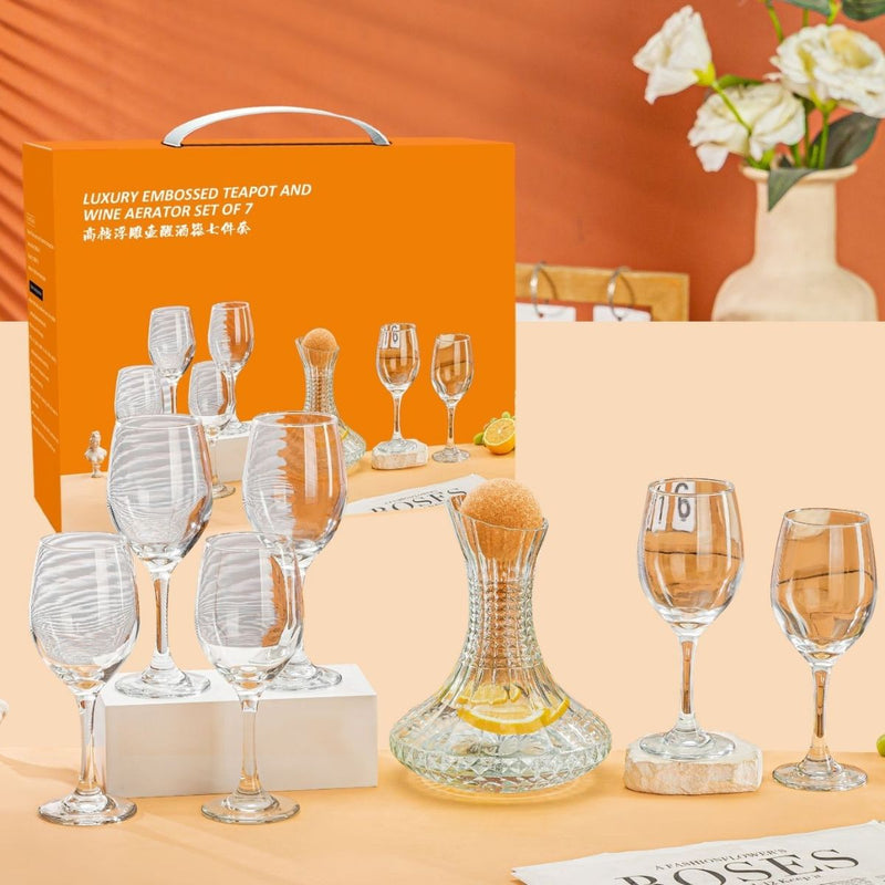 Decantador De Vino de Vidrio Elegante Con Copas (Set de 7 piezas). Jarra De Vidrio (1L) Y Copas.