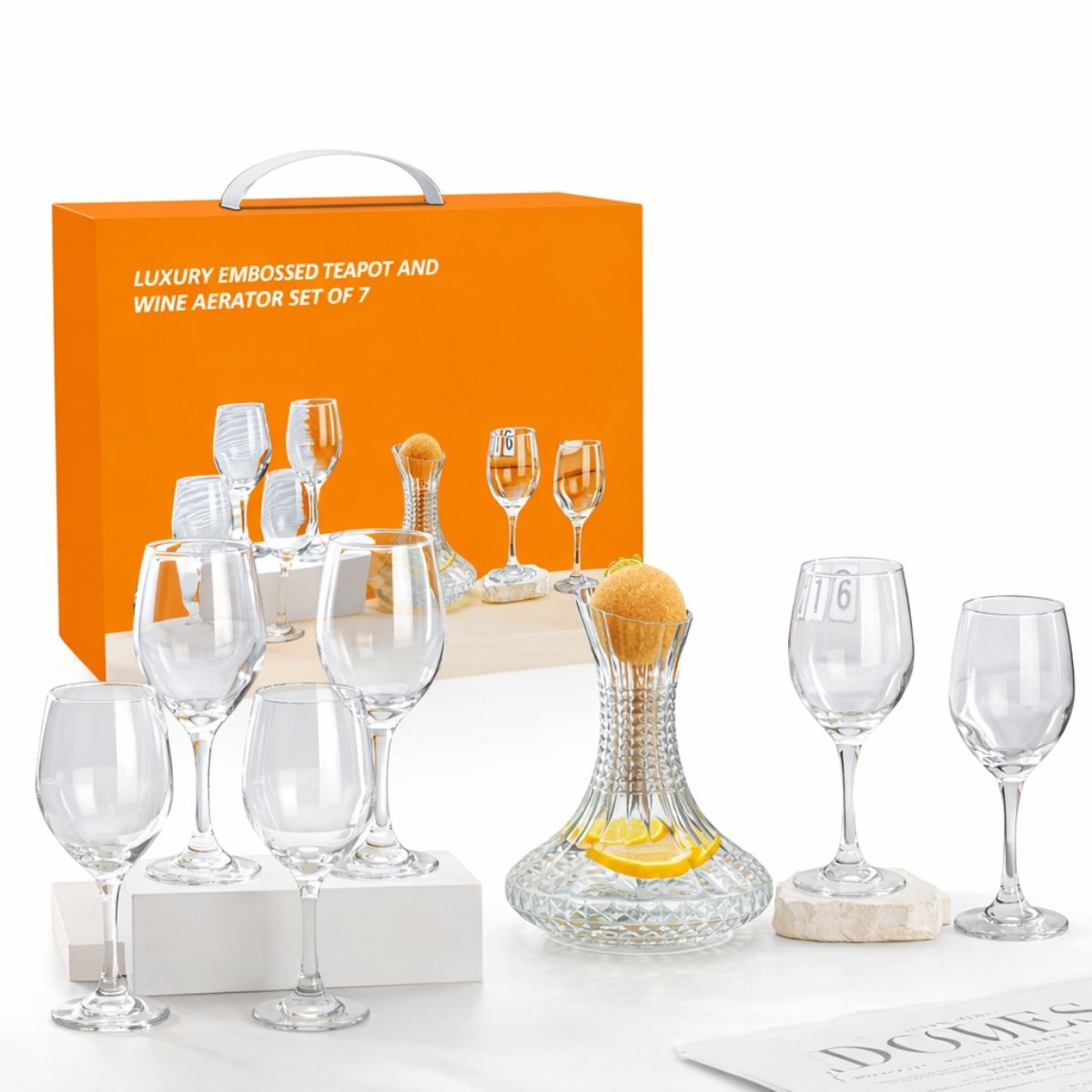 Decantador De Vino de Vidrio Elegante Con Copas (Set de 7 piezas). Jarra De Vidrio (1L) Y Copas.
