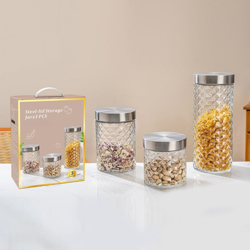 Recipientes Redondos Vidrio Herméticos con Tapa de Acero Inoxidable (Set de 3 Piezas). Envases para Cocina. Frascos De Almacenamiento de Alimentos Secos