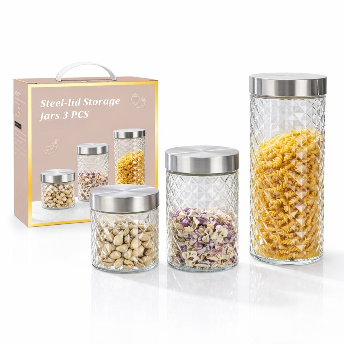Recipientes Redondos Vidrio Herméticos con Tapa de Acero Inoxidable (Set de 3 Piezas). Envases para Cocina. Frascos De Almacenamiento de Alimentos Secos