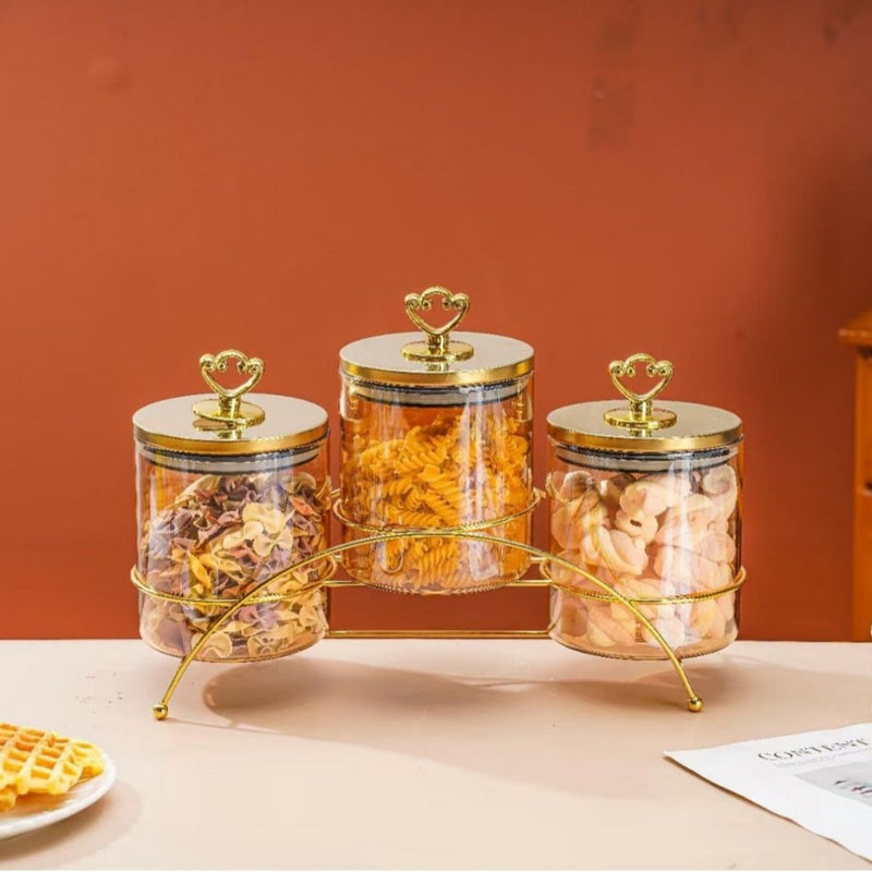 Recipientes de Vidrio Herméticos con Soporte Metálico Dorado. Envases Decorativos para Cocina, Dulces, Snacks y Pasta.