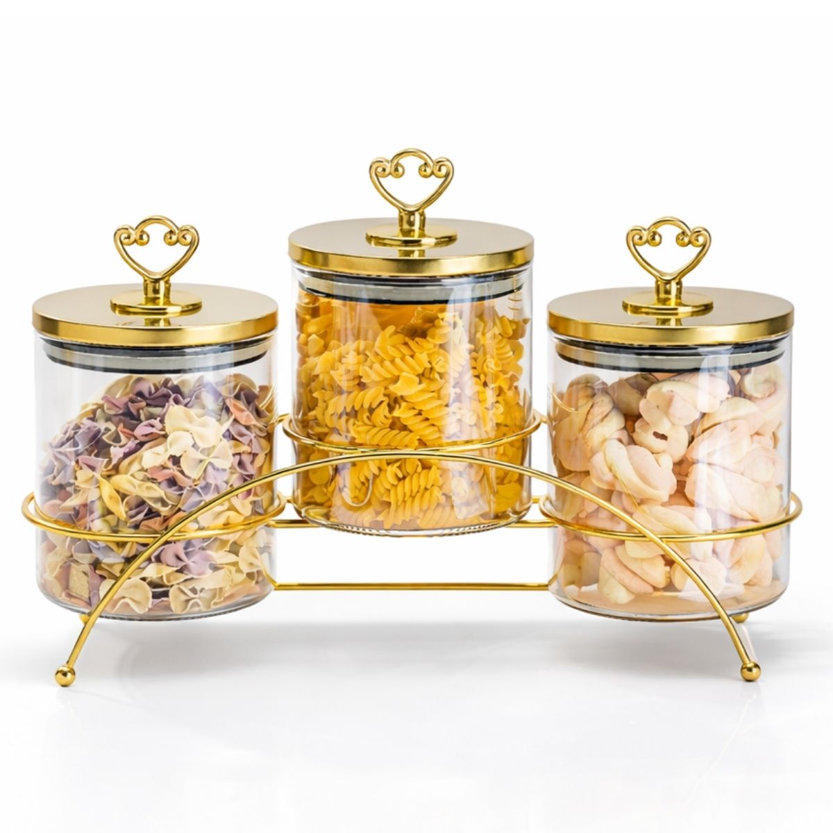 Recipientes de Vidrio Herméticos con Soporte Metálico Dorado. Envases Decorativos para Cocina, Dulces, Snacks y Pasta.