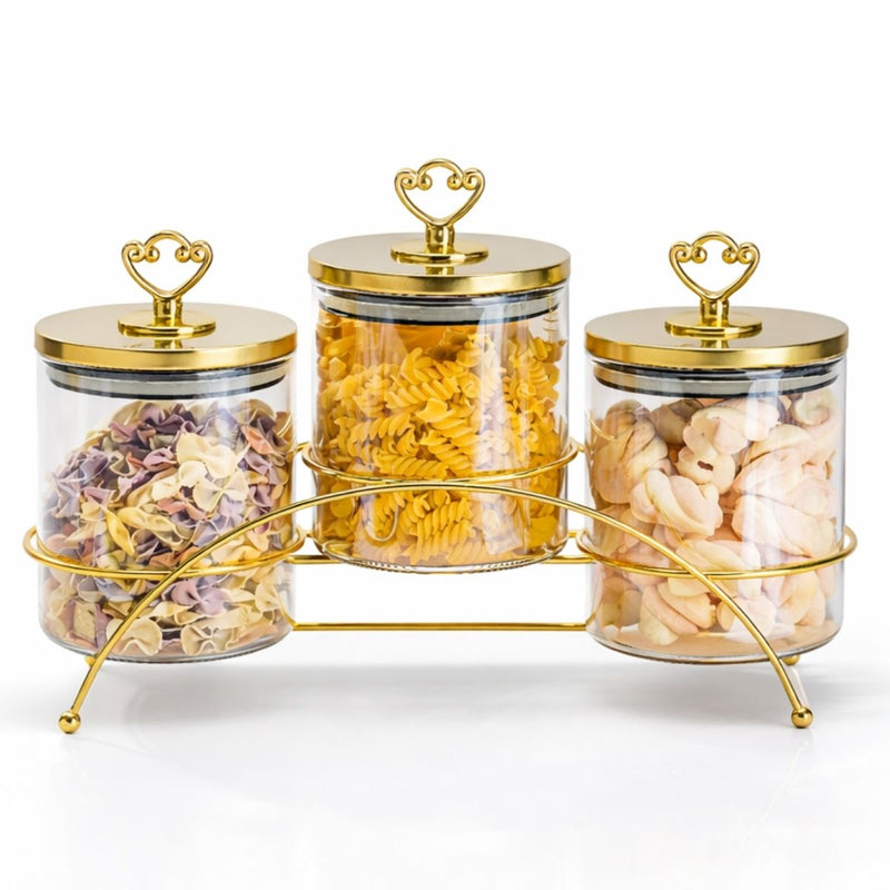 Recipientes de Vidrio Herméticos con Soporte Metálico Dorado. Envases Decorativos para Cocina, Dulces, Snacks y Pasta.