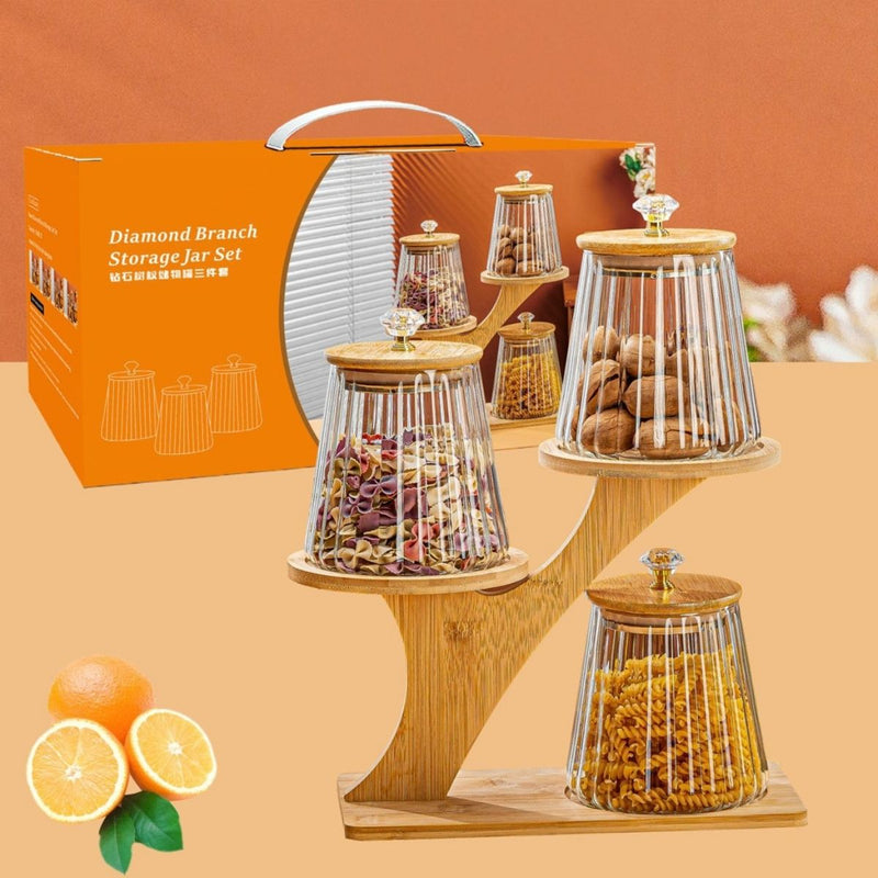 Recipientes de Vidrio con Tapa de Bambú y Soporte Decorativo. Frascos Herméticos para Cocina, Pasta, Cereales y Snacks (Set de 3)