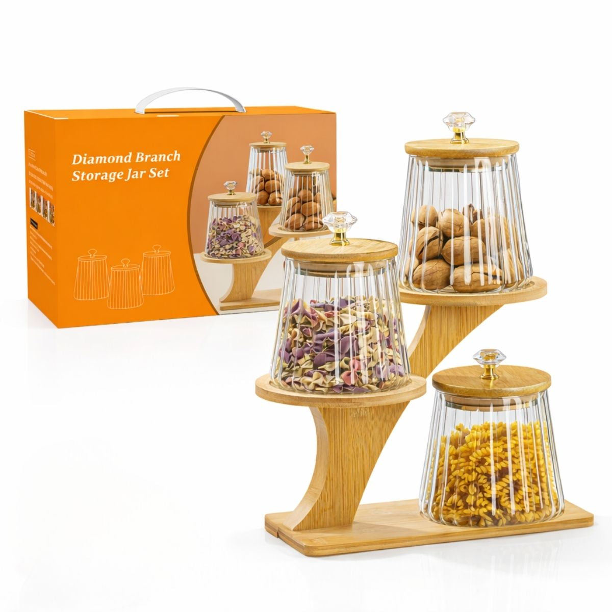 Recipientes de Vidrio con Tapa de Bambú y Soporte Decorativo. Frascos Herméticos para Cocina, Pasta, Cereales y Snacks (Set de 3)