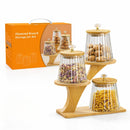 Recipientes de Vidrio con Tapa de Bambú y Soporte Decorativo. Frascos Herméticos para Cocina, Pasta, Cereales y Snacks (Set de 3)