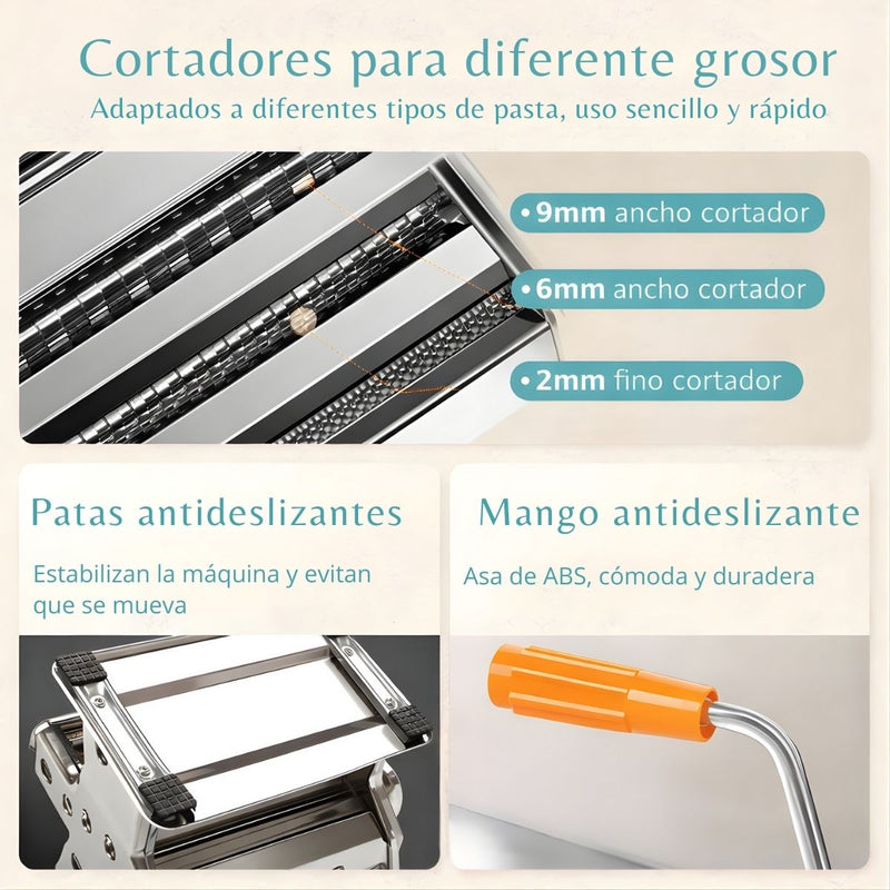 Máquina Manual para Hacer Pasta y Fideos de Acero Inoxidable con 6 Niveles de Grosor y 3 Cortes Ajustables. 230X210X195mm