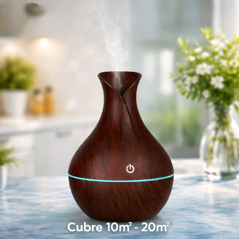 Difusor De Aceites Esenciales 130 ML con Luz LED. Dispensador Aromático con Alcance De 20㎡ (15.5X16.6cm) Aromaterapia. Color madera oscura.