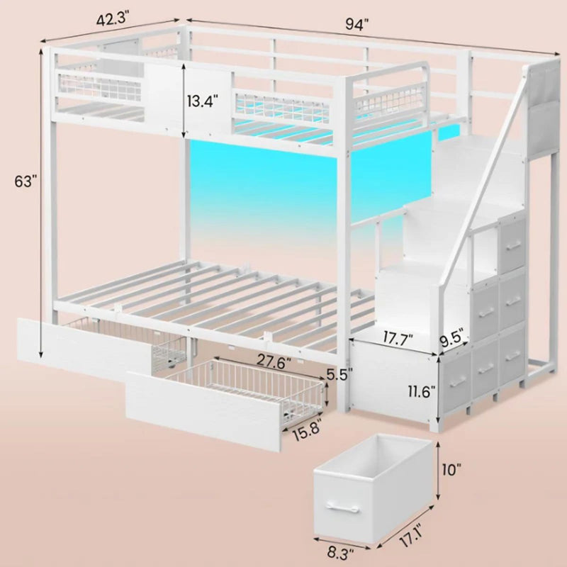 Camarote Litera Multifuncional Twin con Escalera y Cajones, Luces LED RGB Integradas. Cama Doble con Barandales de Seguridad y Almacenamiento. Color Blanco