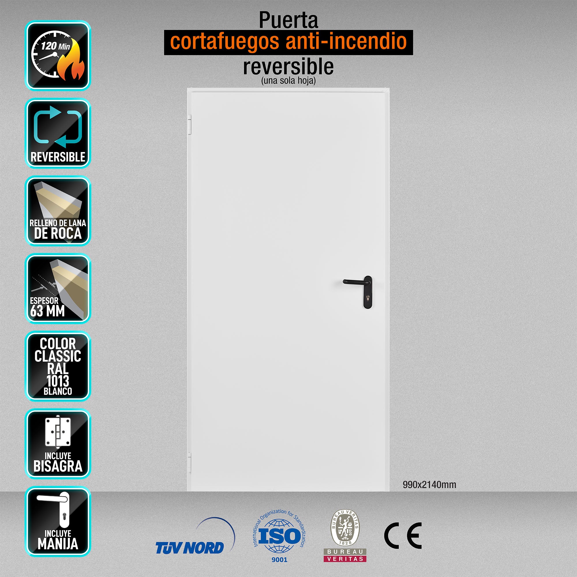 Puerta Cortafuegos anti incendio Reversible EI120 minutos 990x2140mm marco MC3 color Blanco 1013