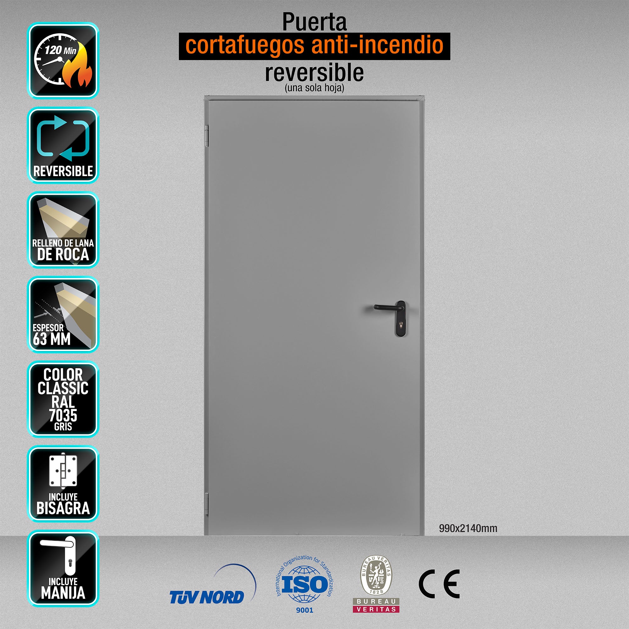 Puerta Cortafuegos anti incendio Reversible EI120 minutos 990x2140mm marco MC3 color Gris 7035