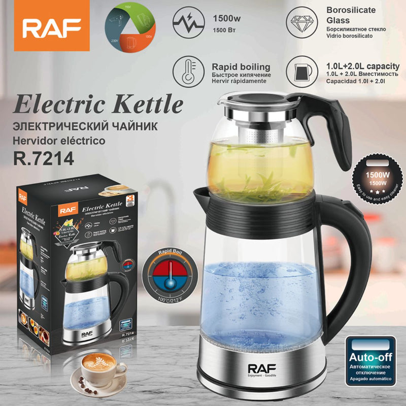Hervidor Eléctrico de Vidrio 1500W 110V con Infusor de Té. Capacidad 1L + 2L. Tetera de Vidrio Borosilicato.