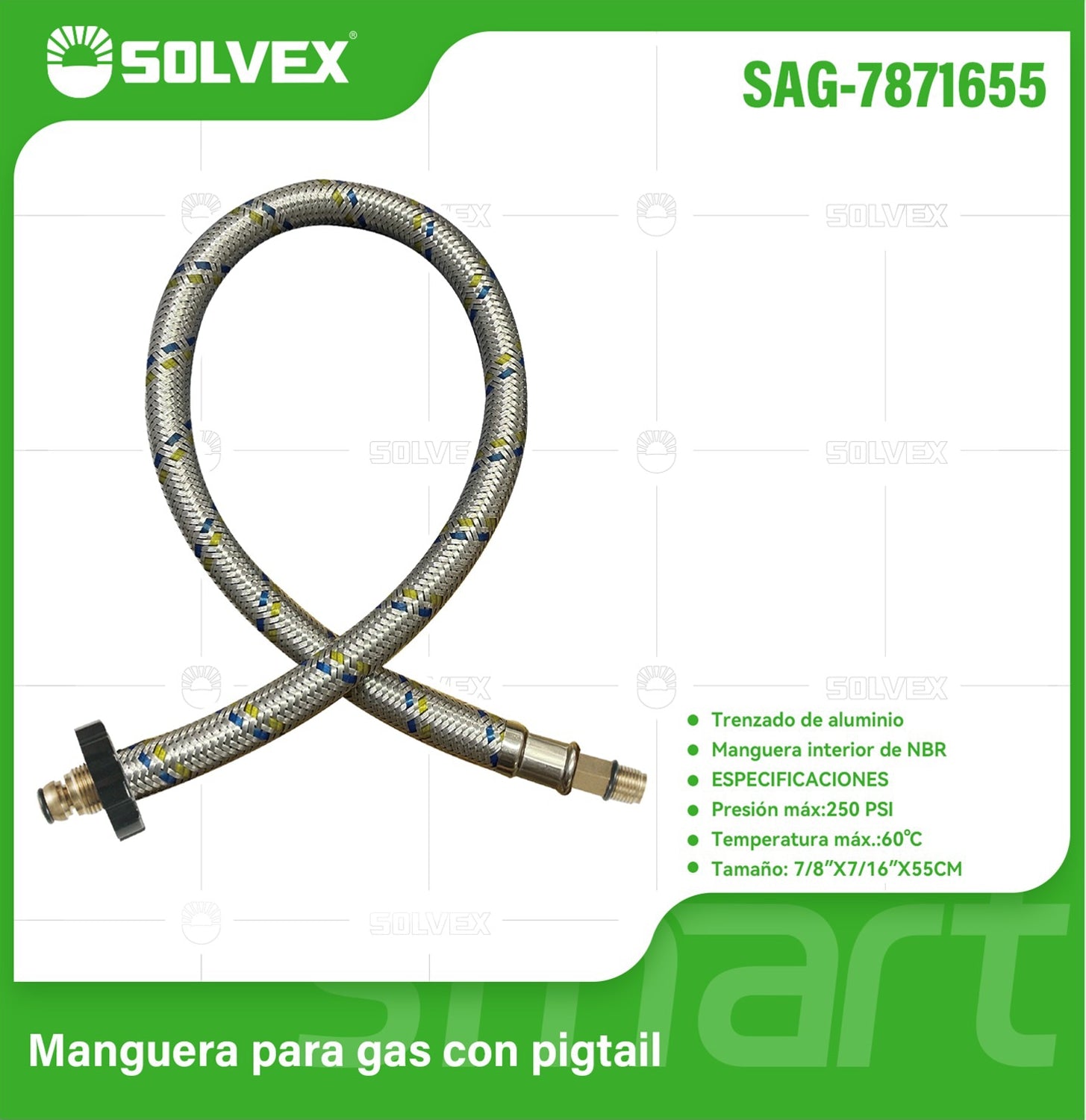 Manguera Para Gas Flexible 55Cm. Tubo De Abasto Trenzado En Aluminio M7/8'' x M7/16''.