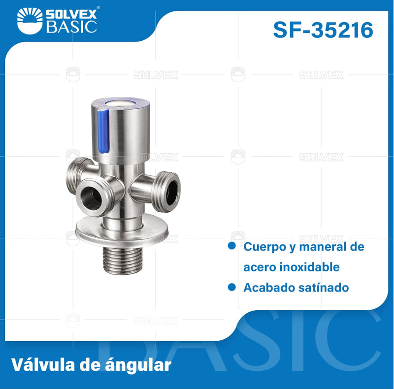 Llave de Ángulo Triple para Lavamanos y fregadores. Válvula Satinada en Acero Inoxidable.