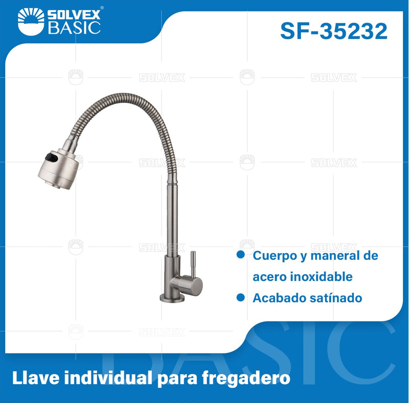 Grifo Individual para fregador. Pluma Llave con Rociador Flexible.