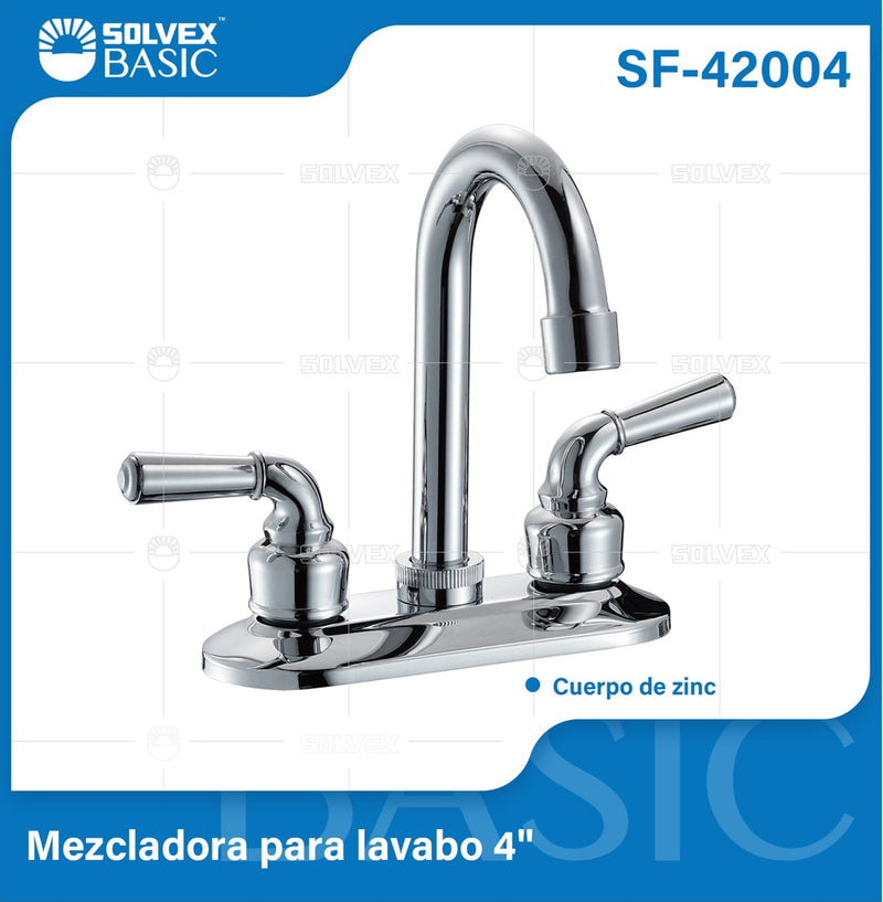 Grifo Mezclador 4" para Lavamanos con Manerales Tipo Palanca. Pluma Llave Cromada brillante.