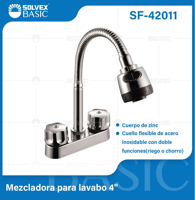 Grifo Mezclador 4" para Lavamanos o fregador Tipo Bar. Pluma llave con Cuello Flexible y Doble Función.