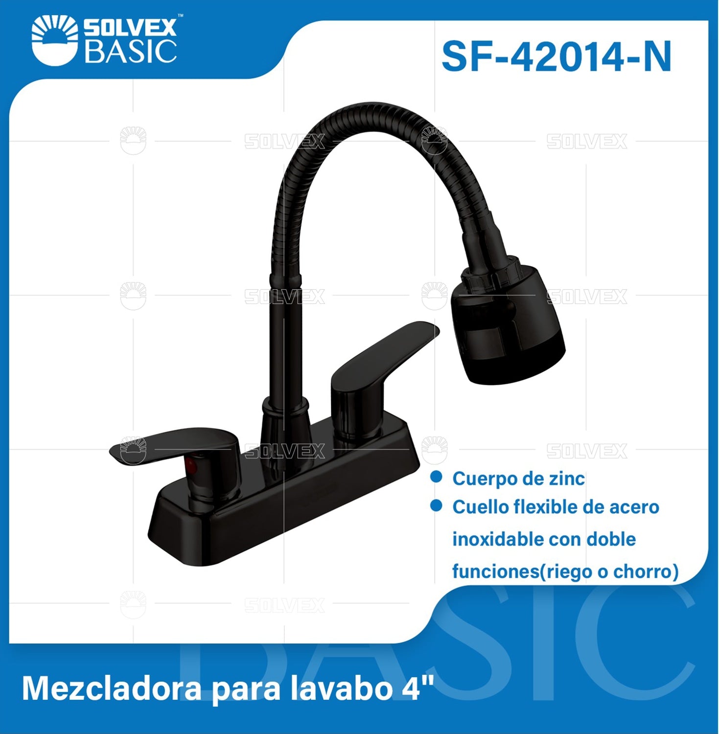 Grifo Mezclador 4" para Lavamanos o fregador Tipo Bar. Pluma llave con Cuello Flexible en color negro.