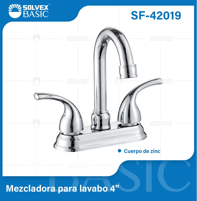 Grifo Mezclador 4" para Lavamanos. Pluma Llave Cromada con Tubo Inoxidable y Doble Maneral.