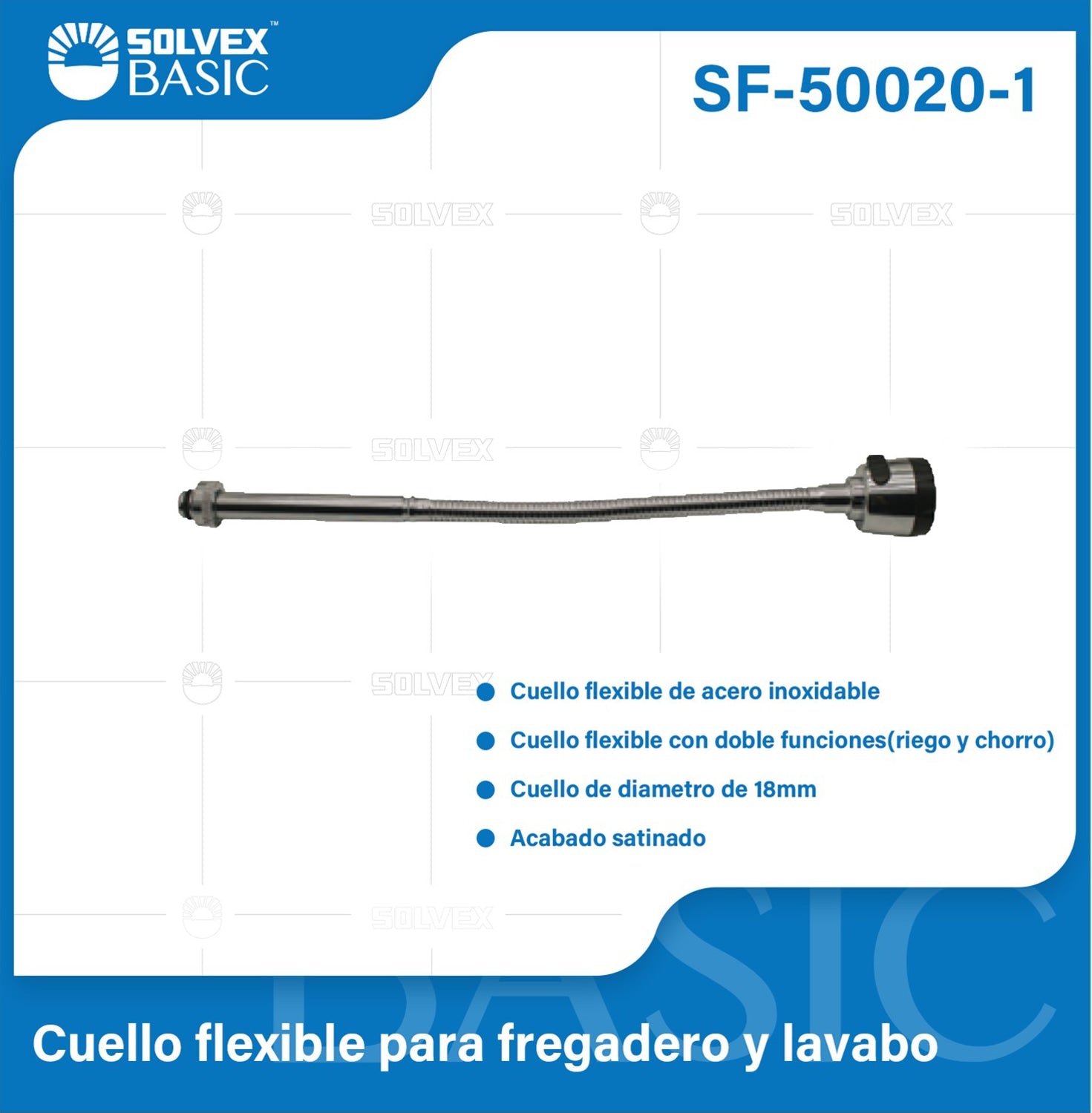 Cuello flexible 18mm para llave mezcladora de fregador. Acero inoxidable. Doble función. Acabado satinado.